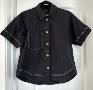 Lee Matthews Black Cotton Short Sleeve Button Down Shirt Size 0 XS